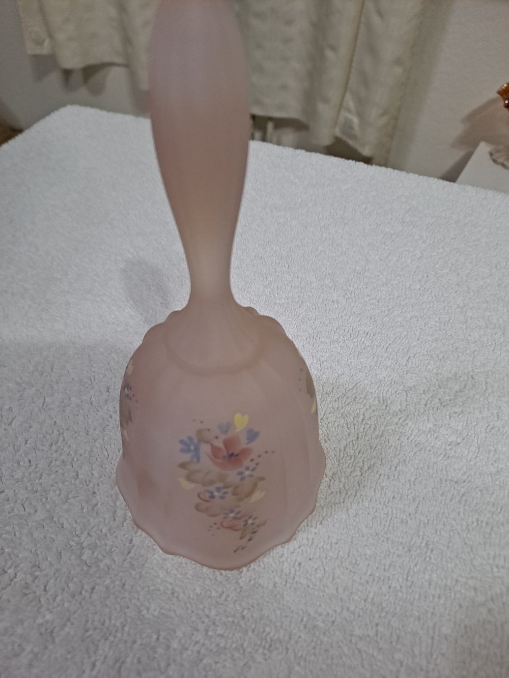 Fenton Pink Frosted Glass Hand Bell with Floral Design
